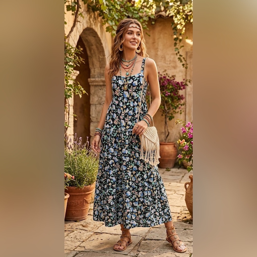 Moon River Boho Floral Square-Neck Maxi Dress in Navy size med